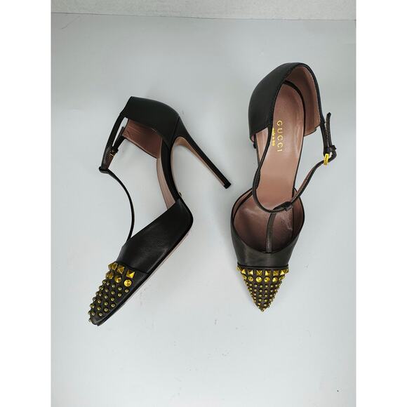 Gucci Studded Malaga Kid Gray Pointed Toe Stiletto Heels Size 37.5 Rockstud Pump - Picture 8 of 9